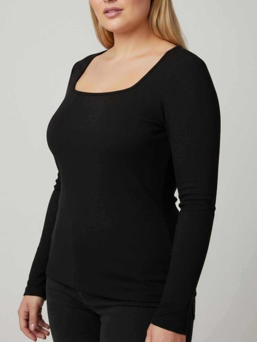 Reitmans Black Ribbed Square-Neck Long Sleeve Top